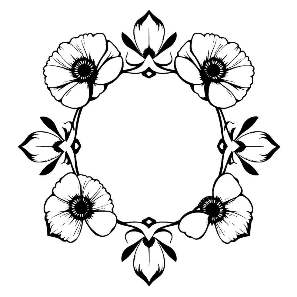 Intricate Black and White Floral Wreath with Poppies and Ornamental Elements, Perfect for Borders and Decorations. vector