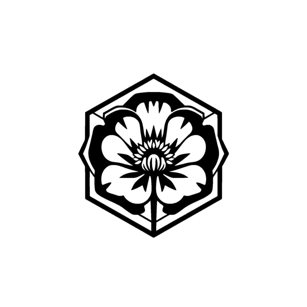 Intricate Black and White Geometric Illustration of a Flower Enclosed within a Hexagonal Frame, Minimalist Floral . vector