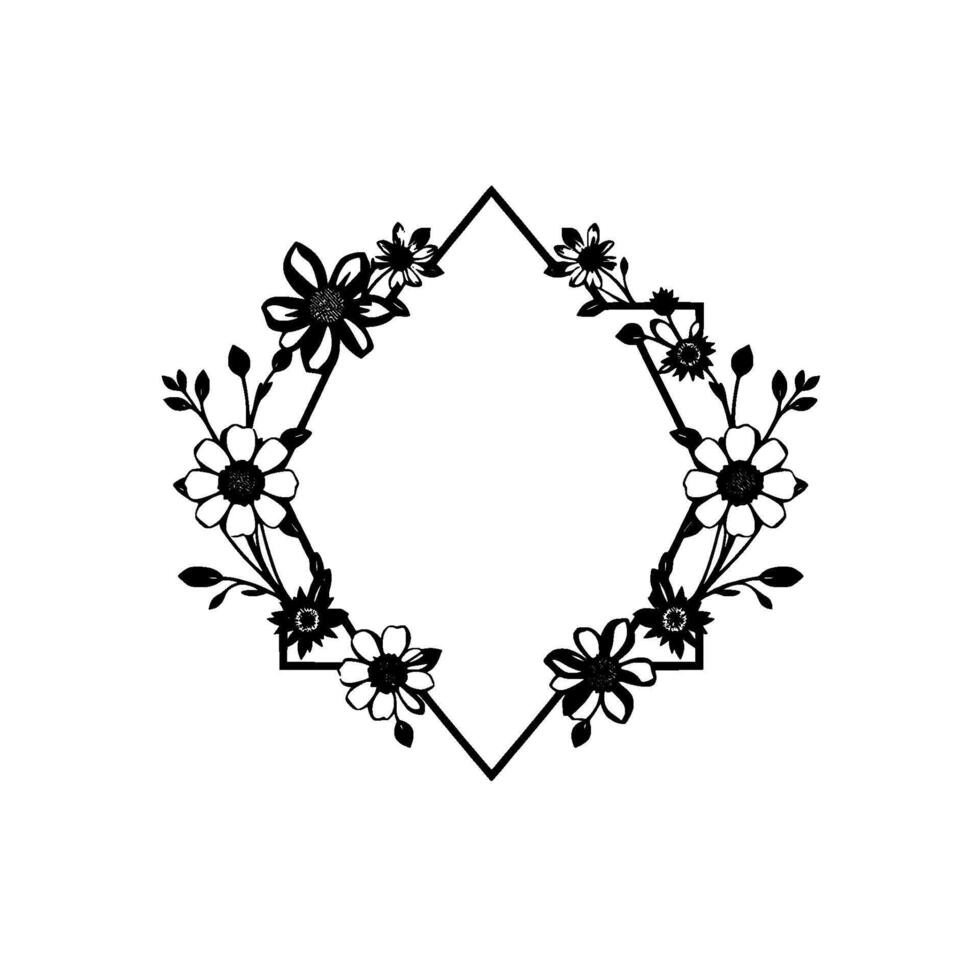 Black and White Floral Rhombus Frame with Detailed Daisy and Aster Blossoms, Leafy Vines, and Modern Minimalist Aesthetic. vector