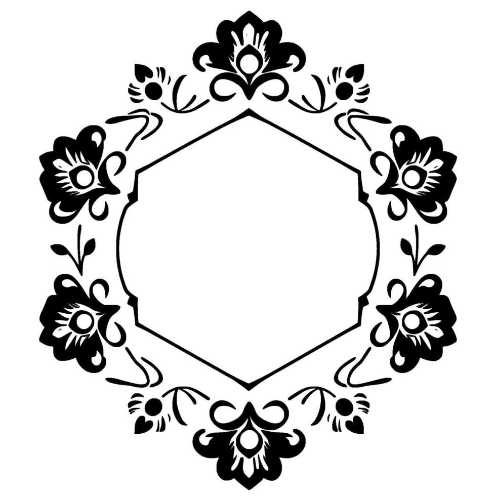 Elegant Black and White Floral Hexagon Frame, Ornamental , Symmetrical Pattern, Decorative Border, Art. vector