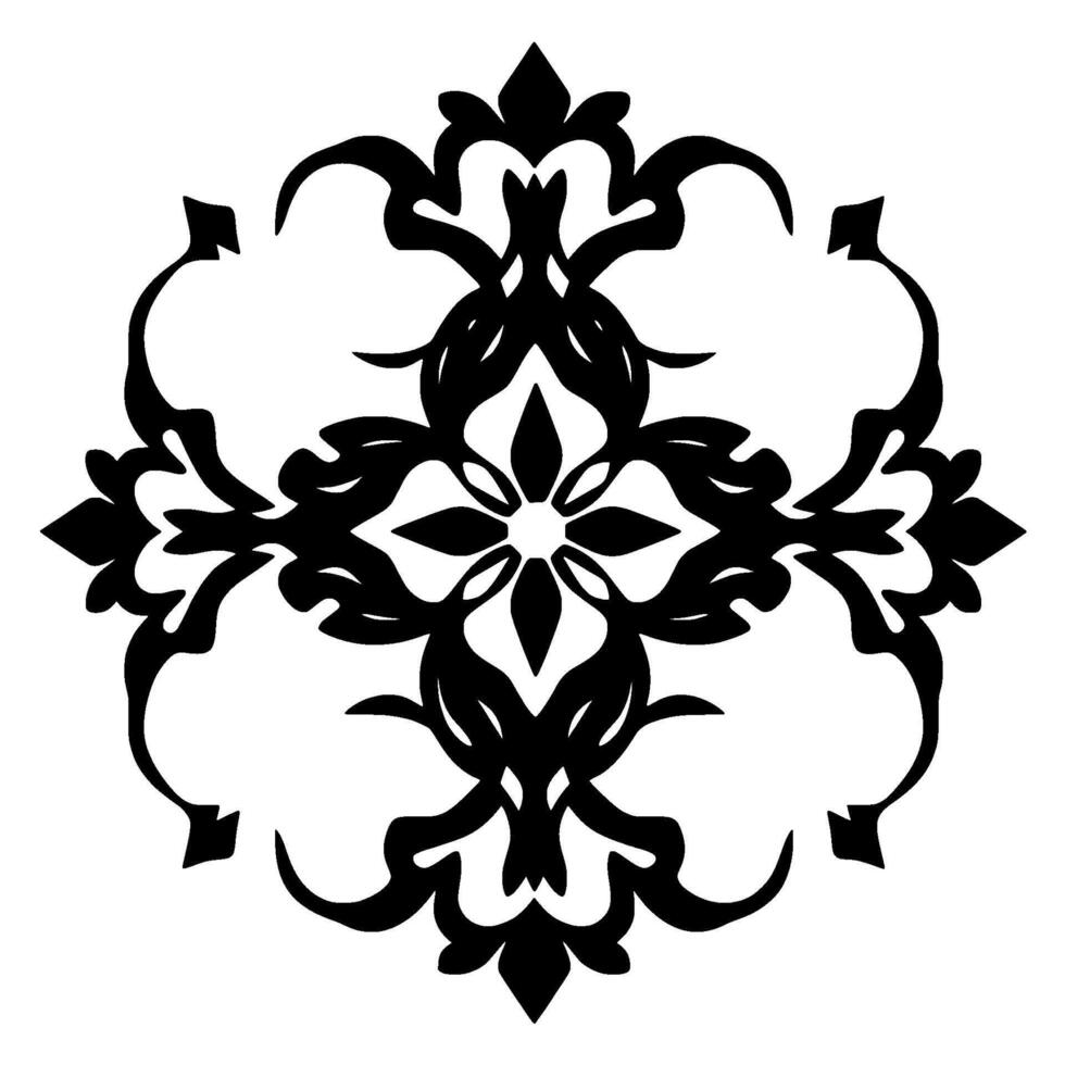 Symmetrical black floral ornament on white background, with a central flowerlike motif and intricate swirling details, creating a decorative pattern. vector