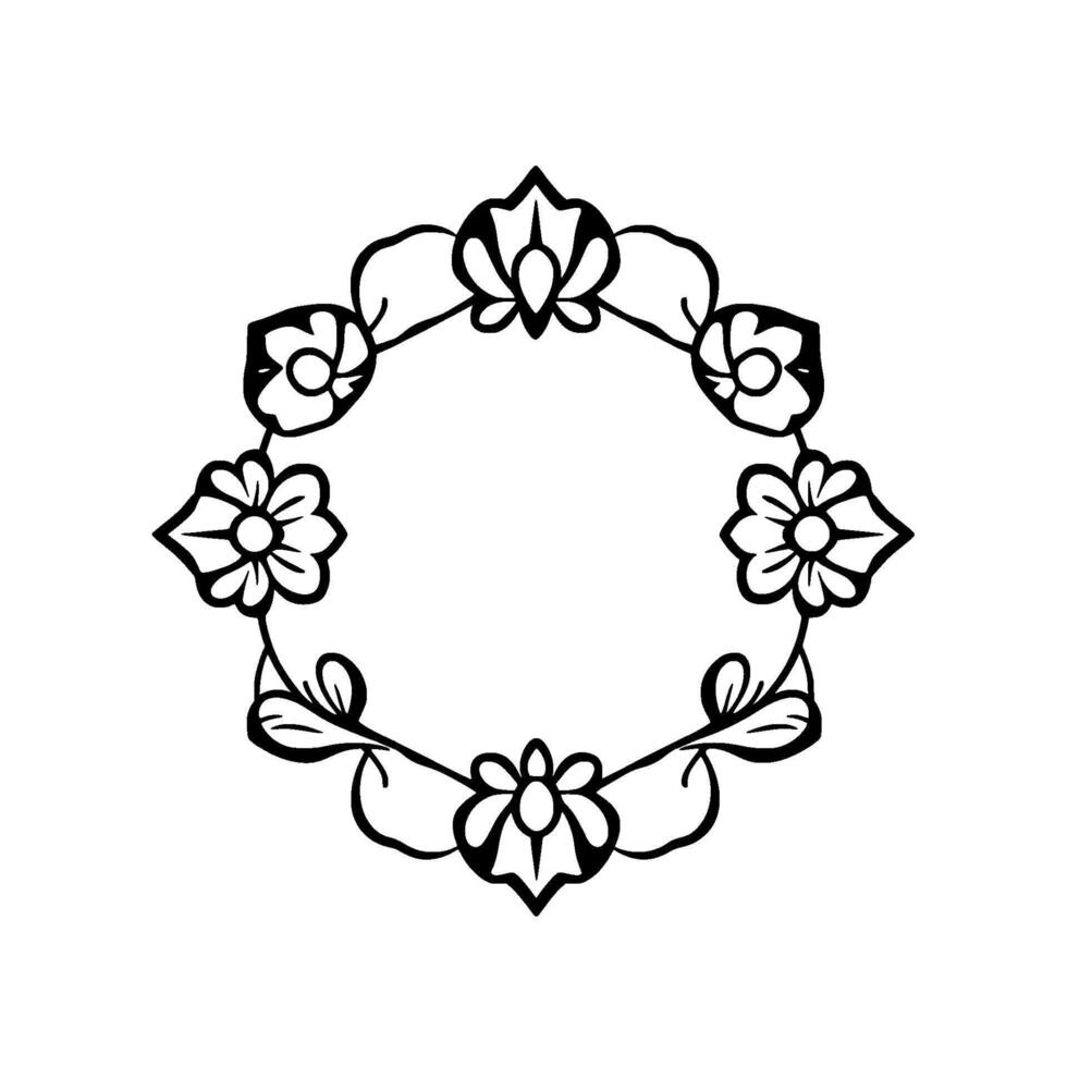 Ornate Black and White Floral Wreath, Featuring Stylized Flowers and Leaves Arranged in a Circular Pattern, Isolated on White. vector