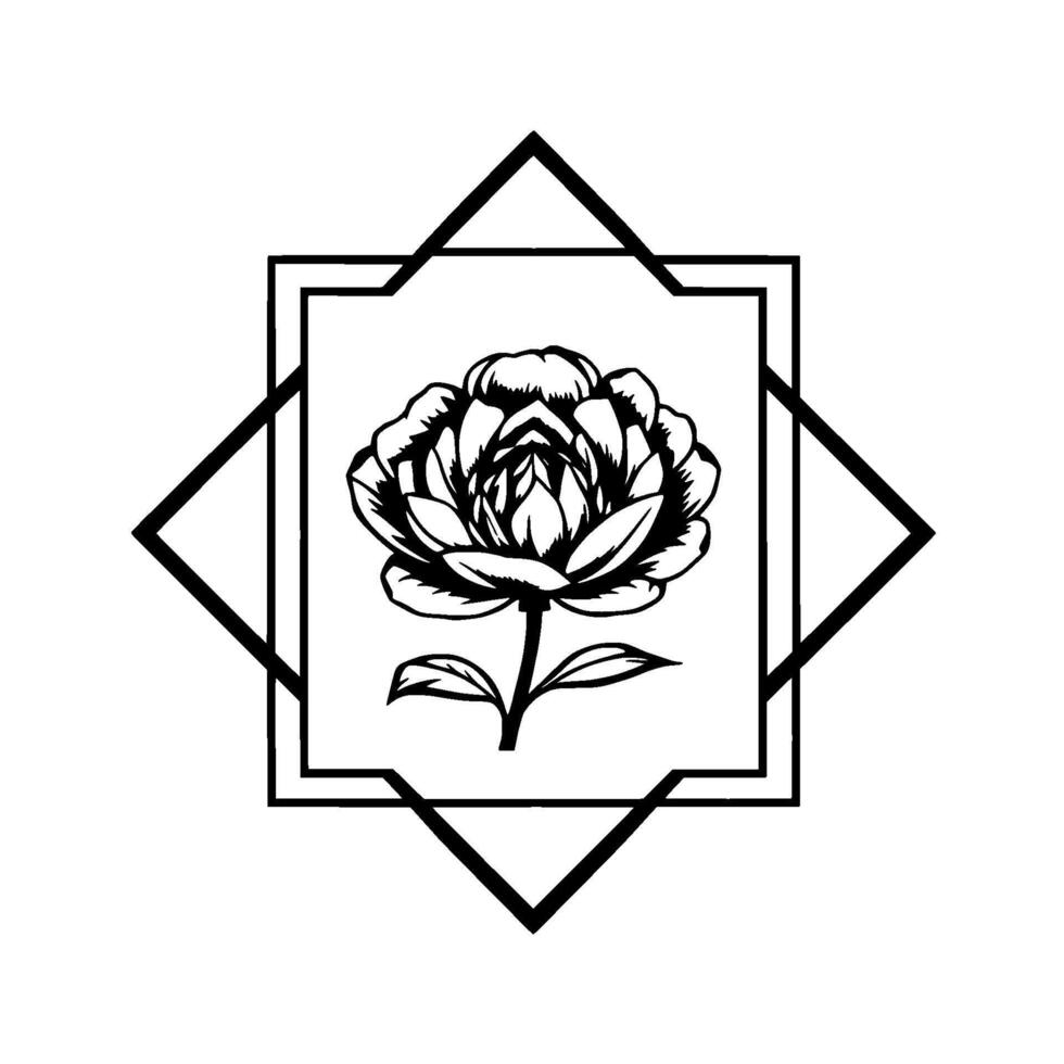 Black and white floral illustration featuring a peony within a geometric square and starlike frame, isolated on white background. vector