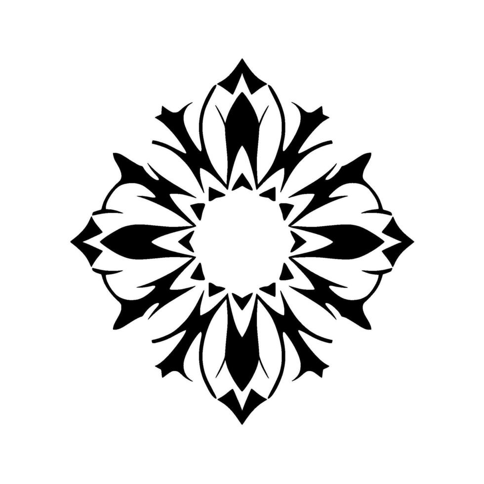 Geometric black and white floral mandala with symmetry and sharp, stylized petal shapes arranged around a central circular void. vector