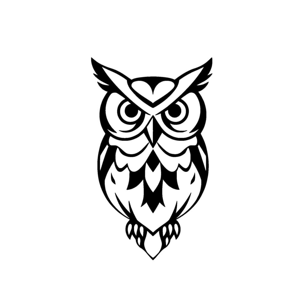 Bold, symmetrical black and white illustration of an owl, with detailed feather and facial markings, centered on a pristine white background, conveying a stoic and watchful presence. vector