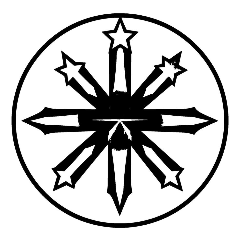 Geometric grayscale celestial symbol within a circle frame featuring a central star burst with radiating startipped lines, evoking balance and symmetry. vector