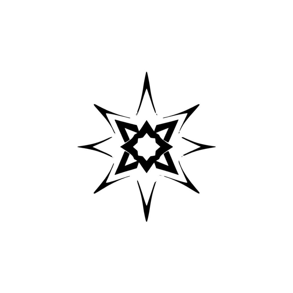 Geometric, starshaped emblem with interconnected, layered black and gray components, set on a pristine white background. vector