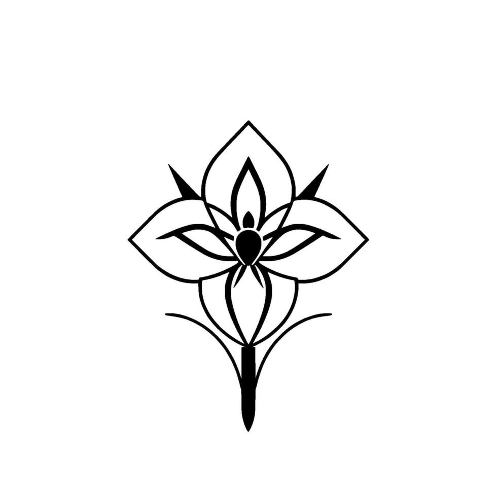 A symmetrical, minimalist, black and white botanical illustration of a stylized flower with sharp points and a central orb, exuding elegance. vector