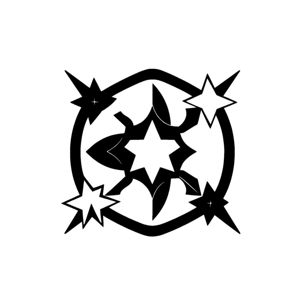 Abstract Black and White Starburst with Intricate Symmetry and Geometric Shapes, Framed by a Bold Circular Outline. vector
