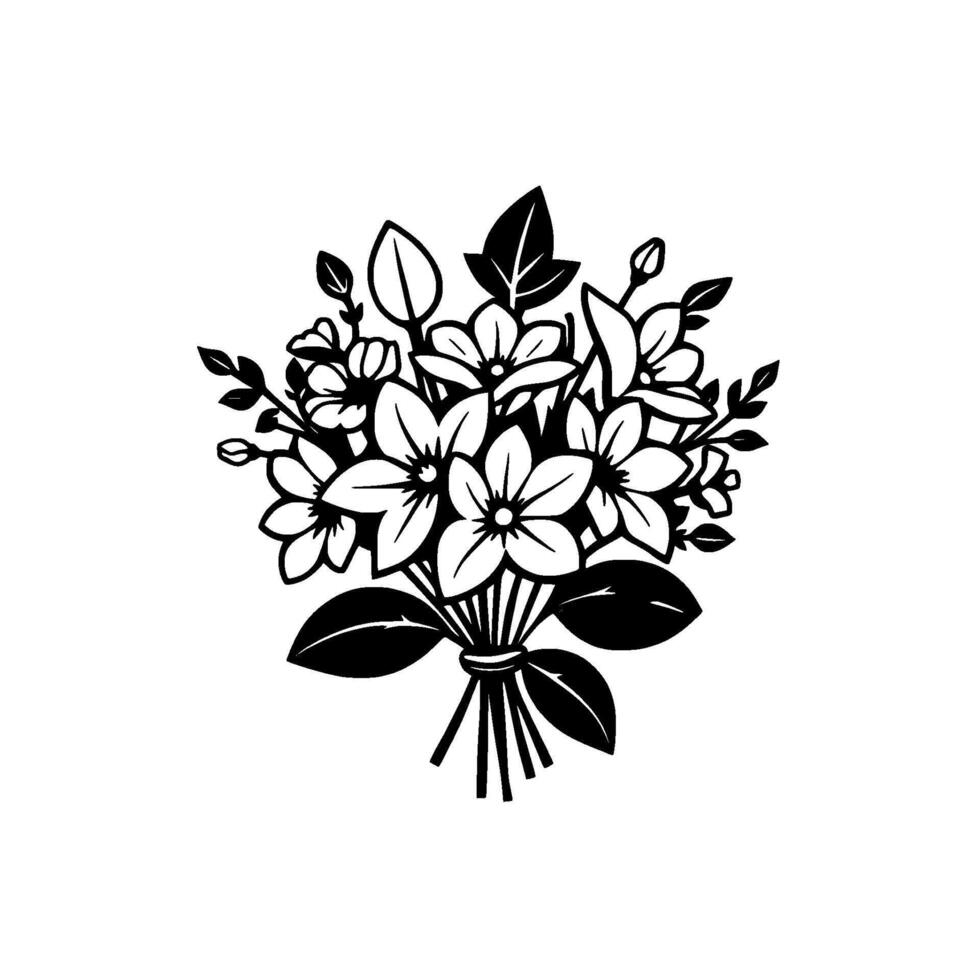 Detailed black and white floral illustration, showing a neatly tied bouquet, featuring intricate petals and leaves with high contrast against a clean white background. vector