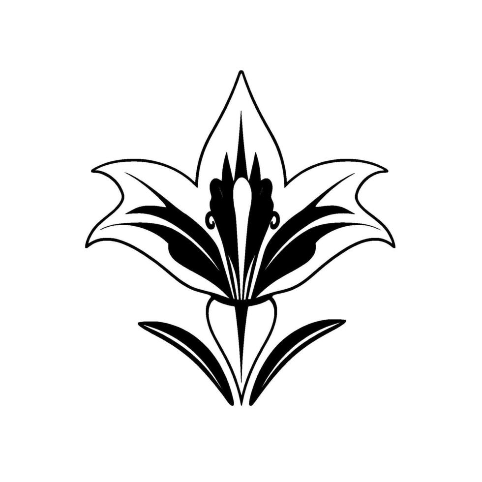 Elegant, symmetrical black and white floral with stylized leaves, detailed petal arrangement, isolated on white. vector