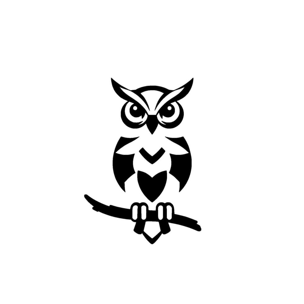 Striking Geometric Black and White Owl Illustration Perched on a Branch, Featuring Bold Lines and Minimalist Aesthetic. vector