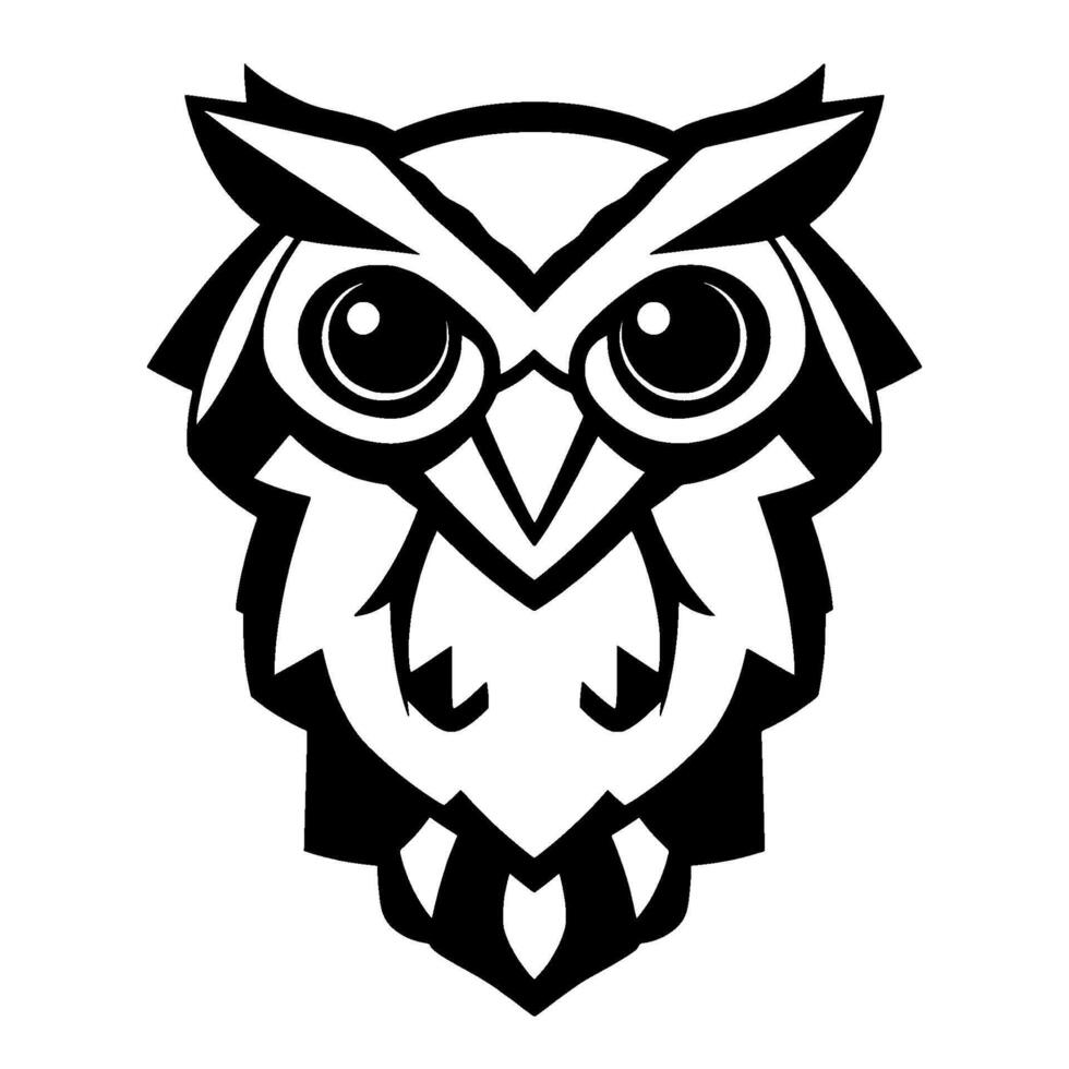 Bold Black and White Geometric Owl Illustration with Intense Staring Eyes, Minimalist , and Clean Lines, Perfect for Logos or Emblems. vector