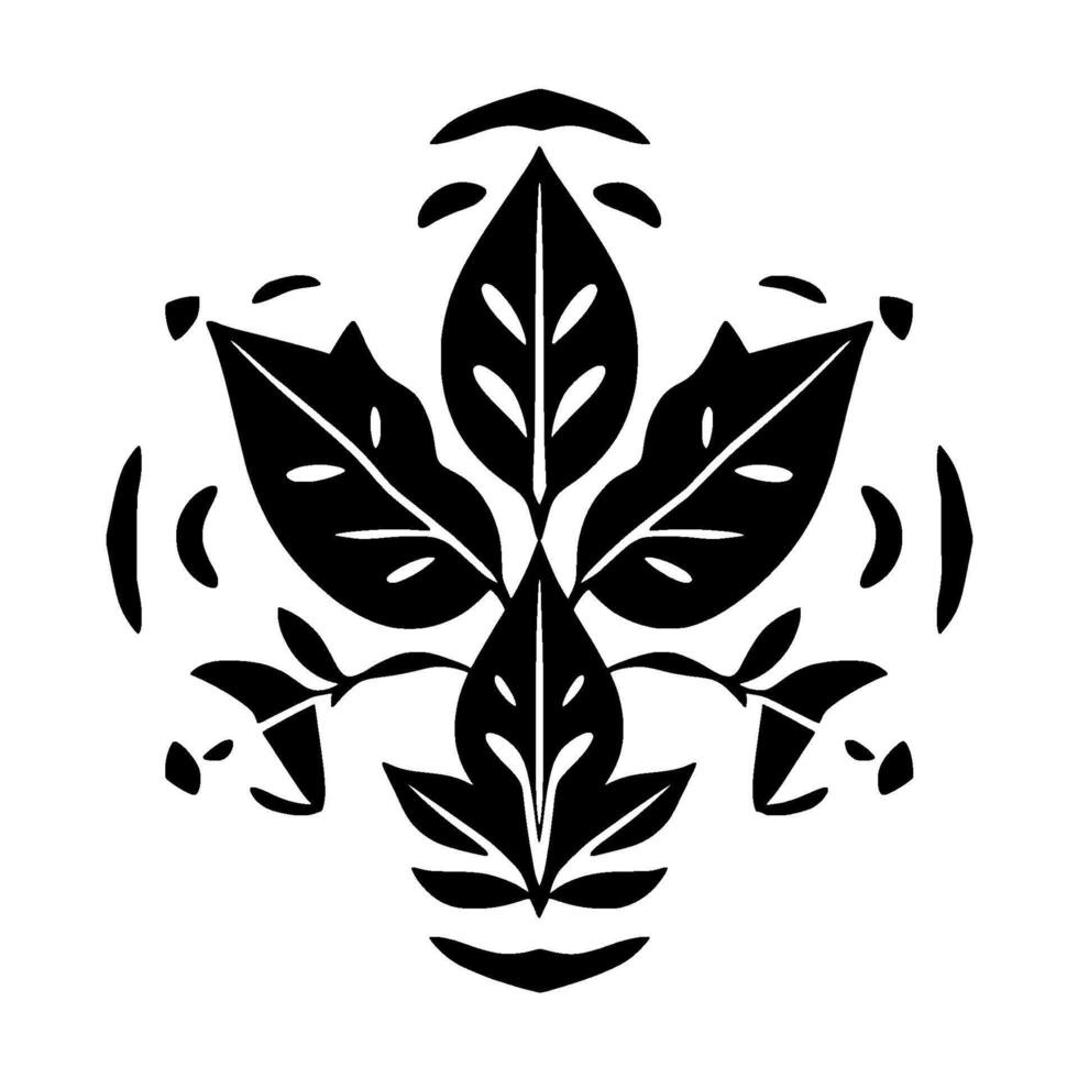 Symmetrical abstract floral featuring stylized black leaves with internal white details and brown accents against a white backdrop. vector