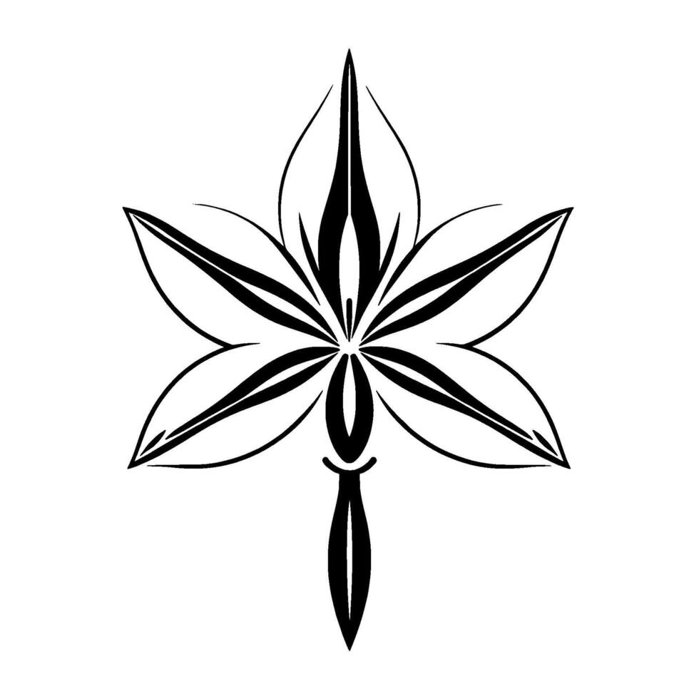 Symmetrical, Stylized Floral Illustration in Black and White, Featuring a StarShaped Composition with Graceful Petals. vector