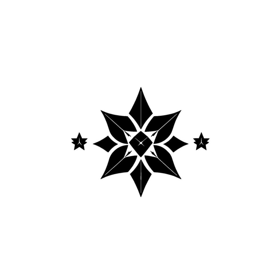 Symmetric Black Starburst Emblem with Accompanying Star Accents on a Pristine White Backdrop, Minimalist . vector