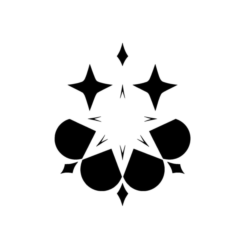 Symmetrical, minimalistic digital illustration featuring a black and white florallike starburst with star and diamond elements and a burst of gold in the center of the image. vector