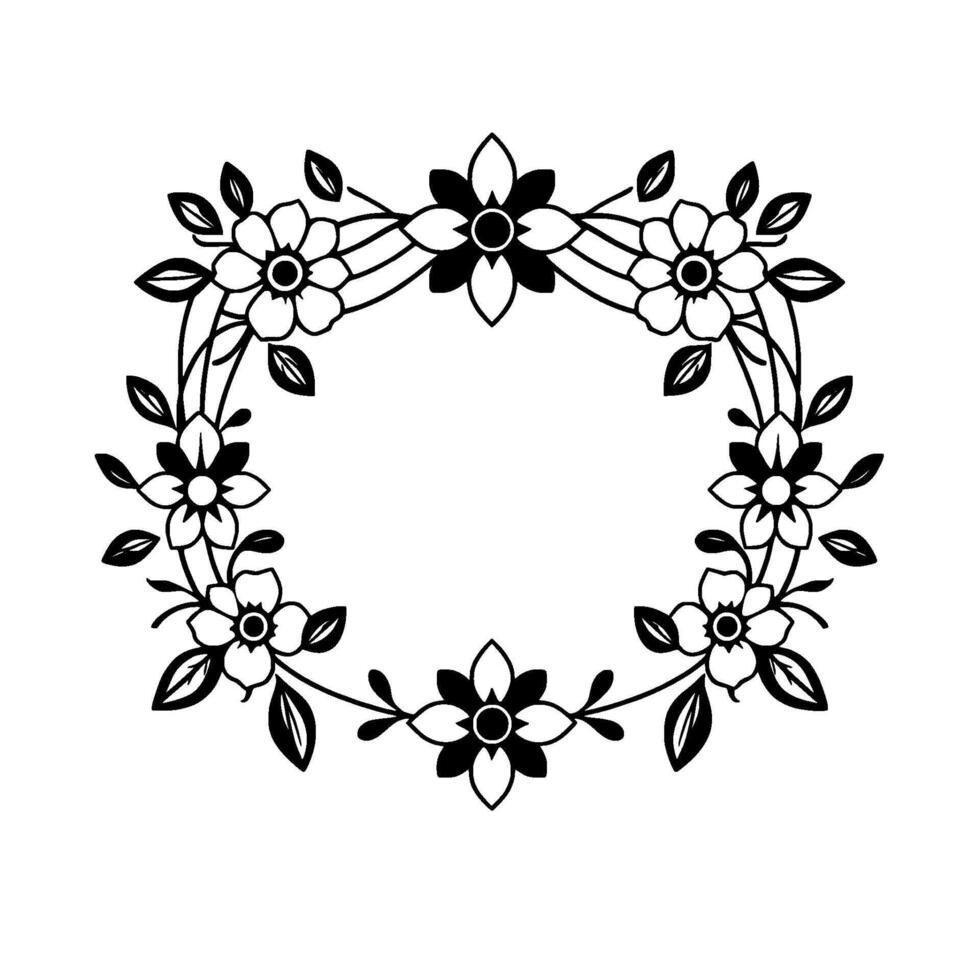 Intricate Floral Wreath Elegant Black and White Botanical Illustration with Delicate Flowers and Leaves Forming an Oval Frame. vector