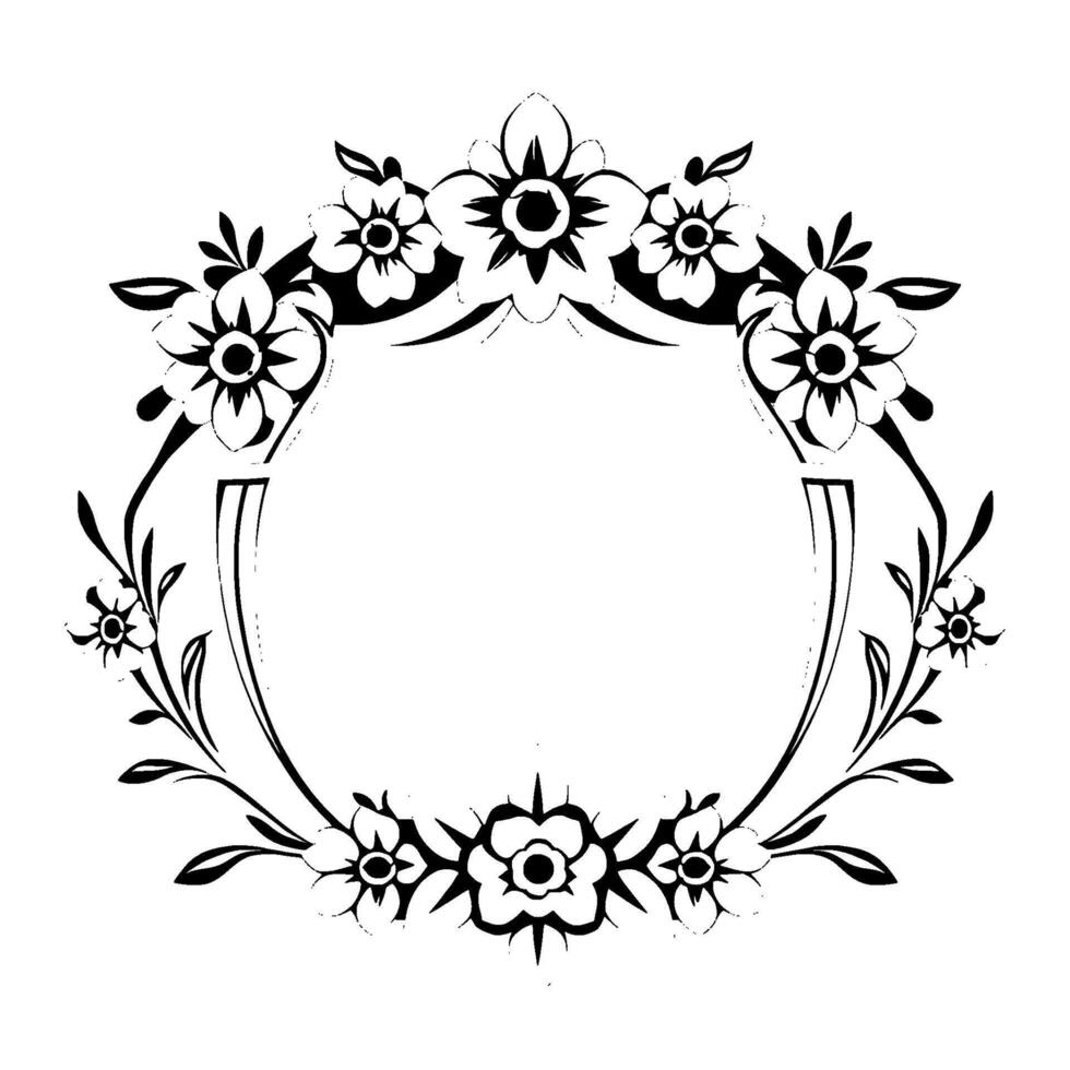 Ornate Black and White Floral Frame Decorative Oval with Detailed Flower and Leaf Motif, Perfect for Elegant Invitations or Announcements. vector