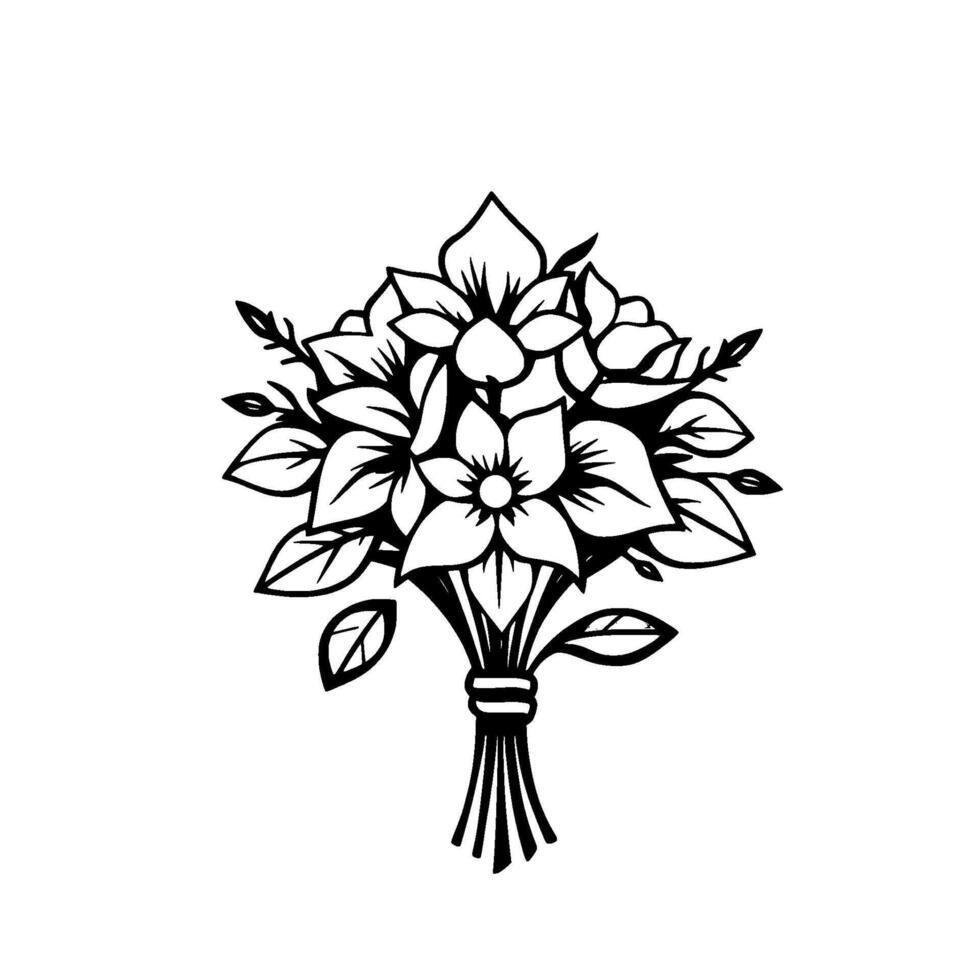 Detailed black and white floral illustration of a tied bouquet of stylized flowers and leaves, presented on a clean white background. vector