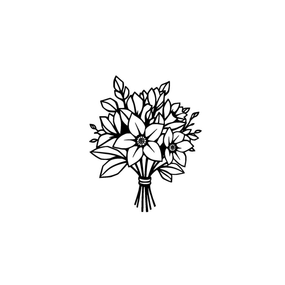 Elegant Black and White Floral Bouquet Illustration Featuring Detailed Petals and Leaves, Tied with Twine on a Clean White Background. vector
