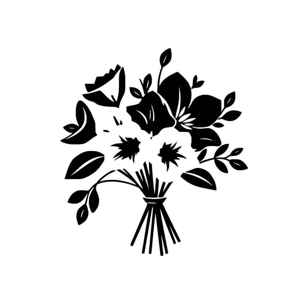 Artistic Black and White Illustration of a Delicate Floral Bouquet with Blossoms, Leaves, and Stems Tied Together. vector