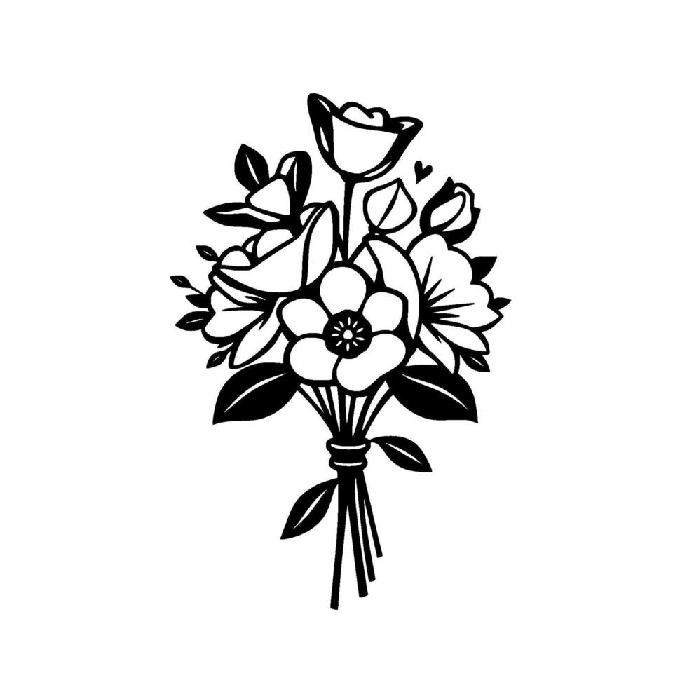 illustration of a stylized bouquet, black and white floral arrangement with various blooms, tied with a ribbon, isolated on white. vector