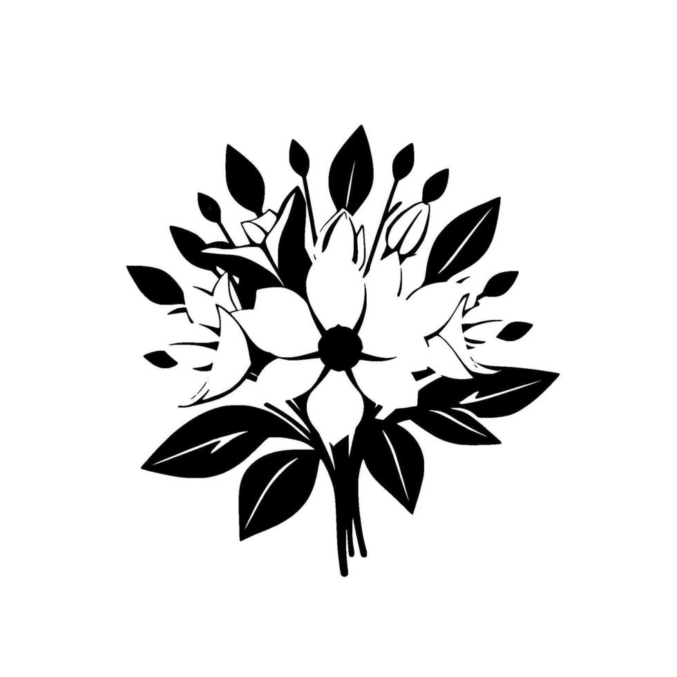 Elegant Monochrome Floral Bouquet Depicting White Blossoms and Dark Green Foliage on a Clear White Background. vector