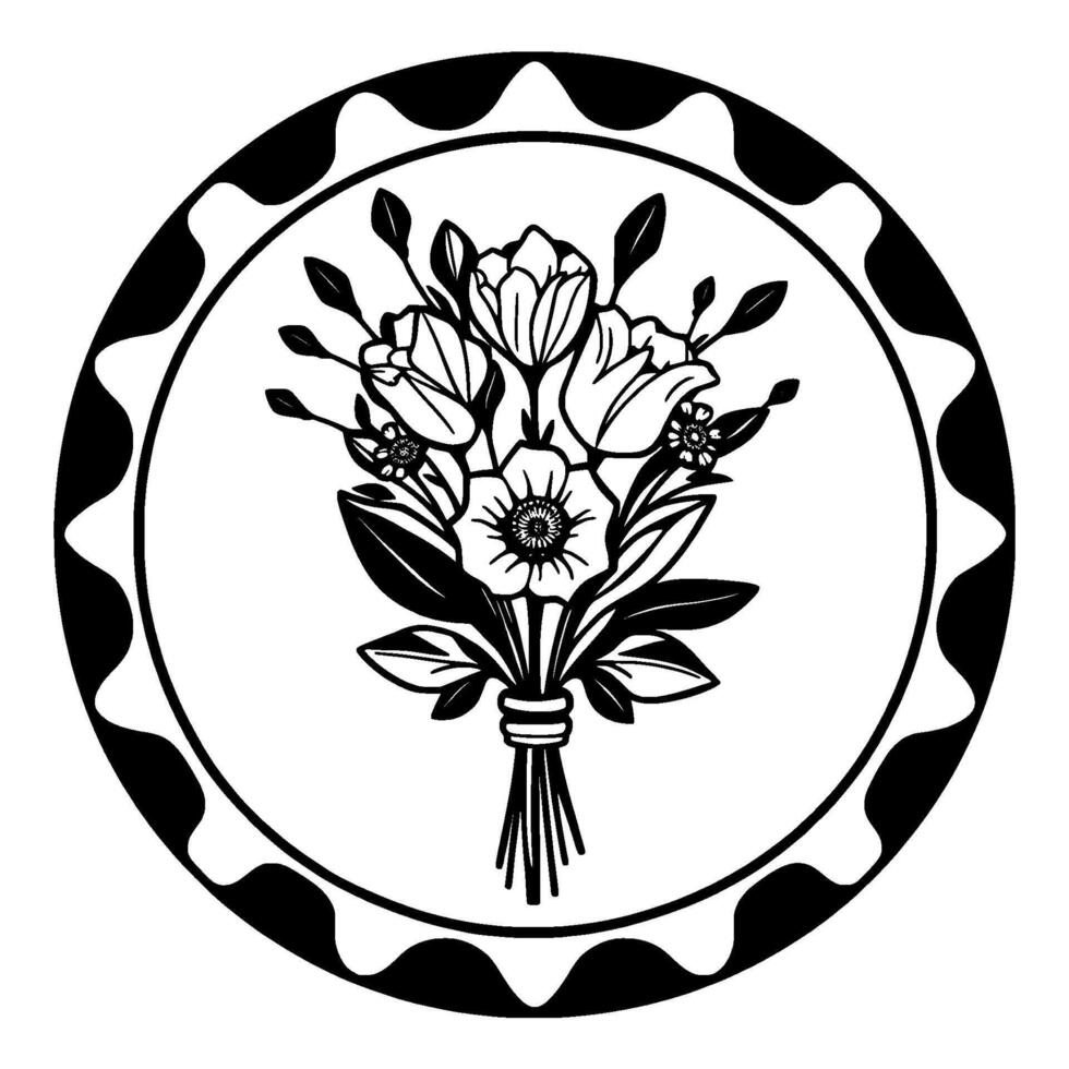 Elegant black and white floral bouquet illustration in a circular frame with decorative scalloped border, showcasing detailed linework. vector