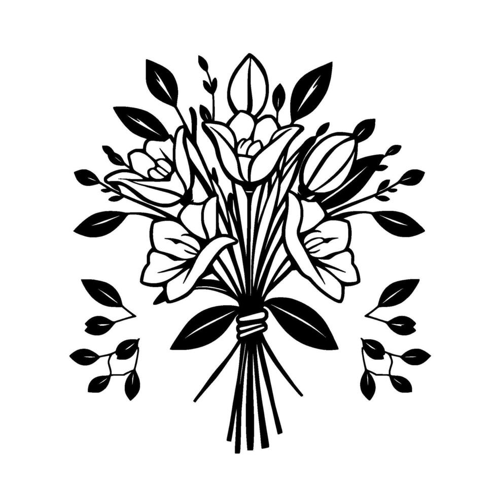 Elegant Monochrome Floral Arrangement A Stylized Bouquet of Lilies, Buds and Leaves, Tied with a Ribbon, Set Against White. vector
