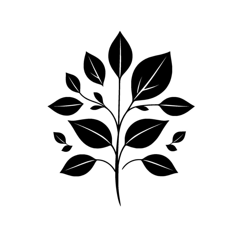 A stylized minimalist illustration featuring a black and white depiction of a leafy plant with symmetrical composition against a stark white backdrop. vector