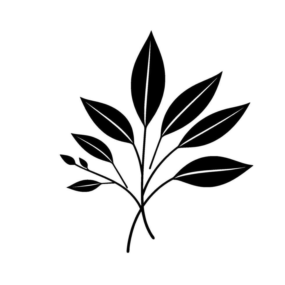 Minimalist Black Leafy Botanical Illustration on White Background, Featuring Elegant Branch Arrangement. vector