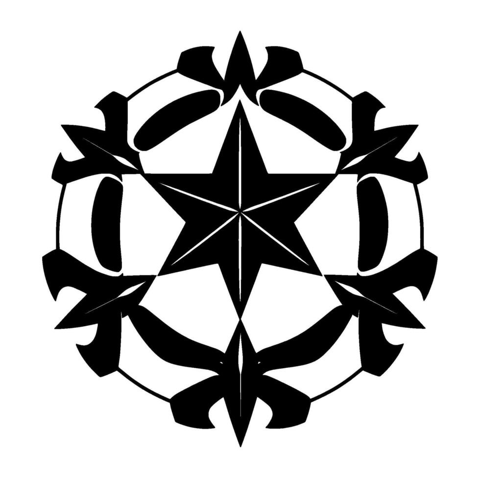Intricate black and white symmetrical featuring a star at the center, encircled by stylized floral or leaf elements. vector
