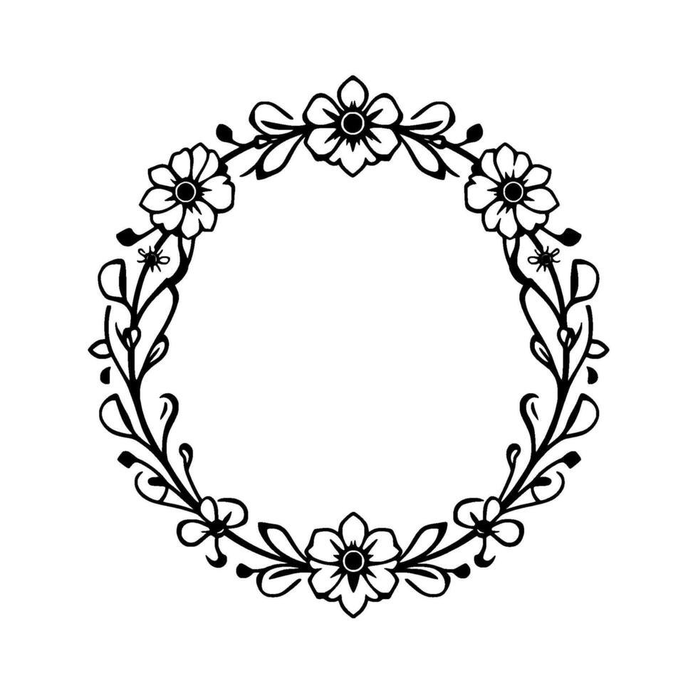 Elegant Black White Floral Wreath A Circular with Flowers, Leaves, and Delicate Details, perfect for invitation or decorative use. vector