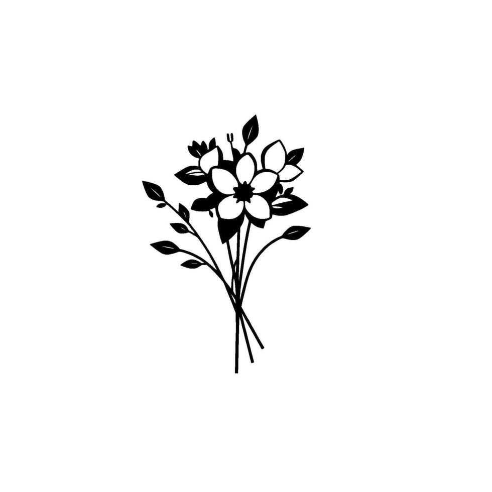 Elegant Black and White Floral Illustration A Simple Bouquet of Flowers, Leaves, and Delicate Stems on a Clean White Background. vector