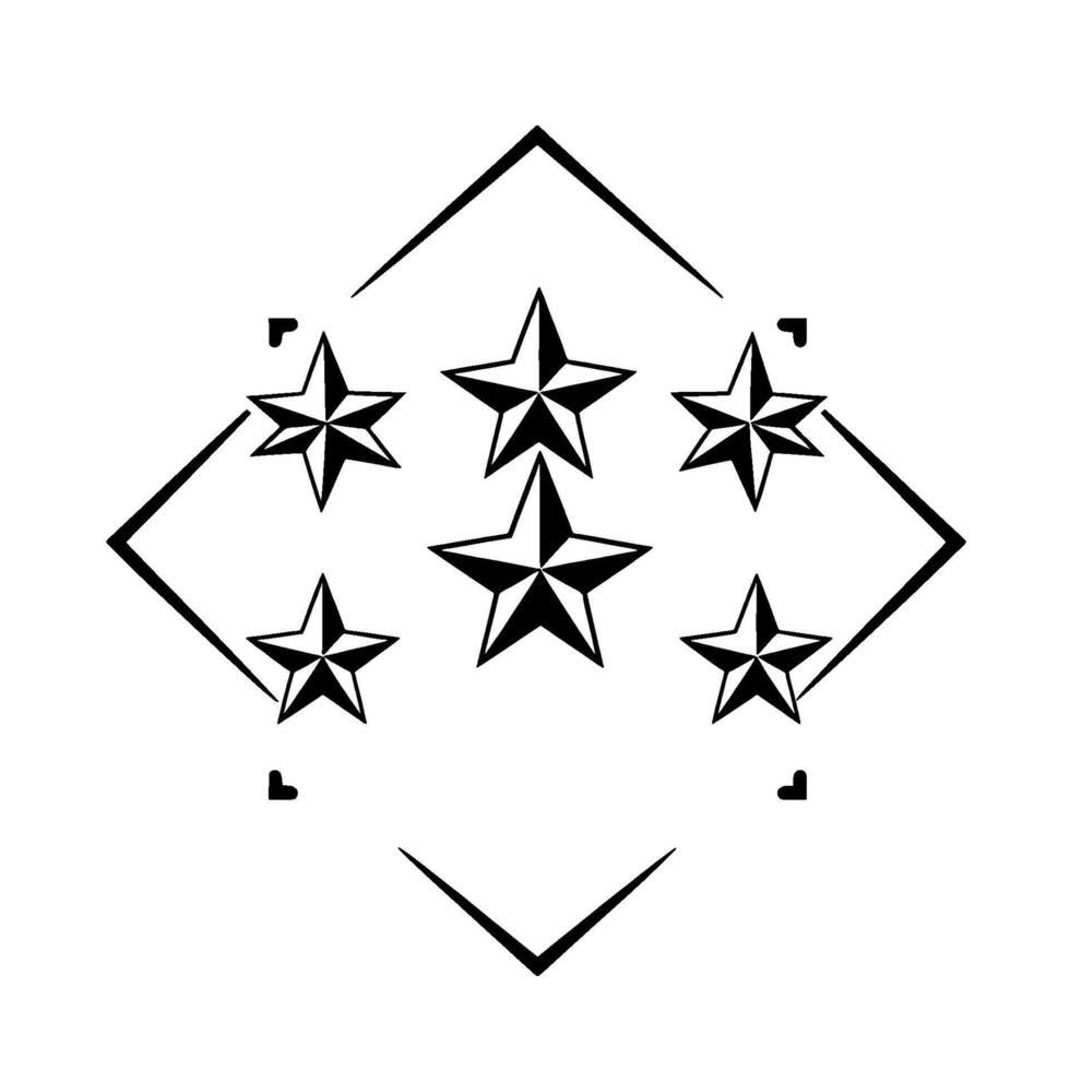 Black and white minimalist illustration of six fivepointed stars arranged within a diamondshaped frame and connecting angular lines. vector