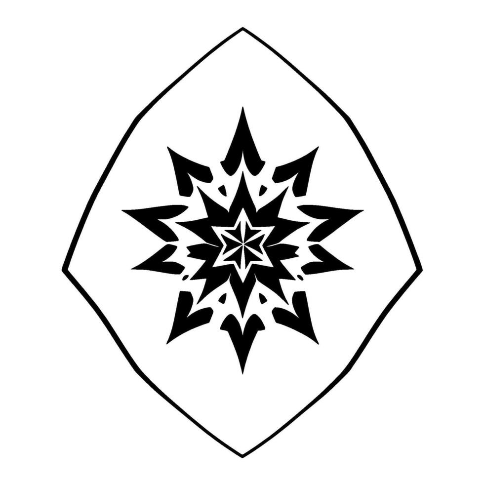 Black and White Geometric Snowflakelike Mandala Inside a Lozenge Shape, Minimalist vector