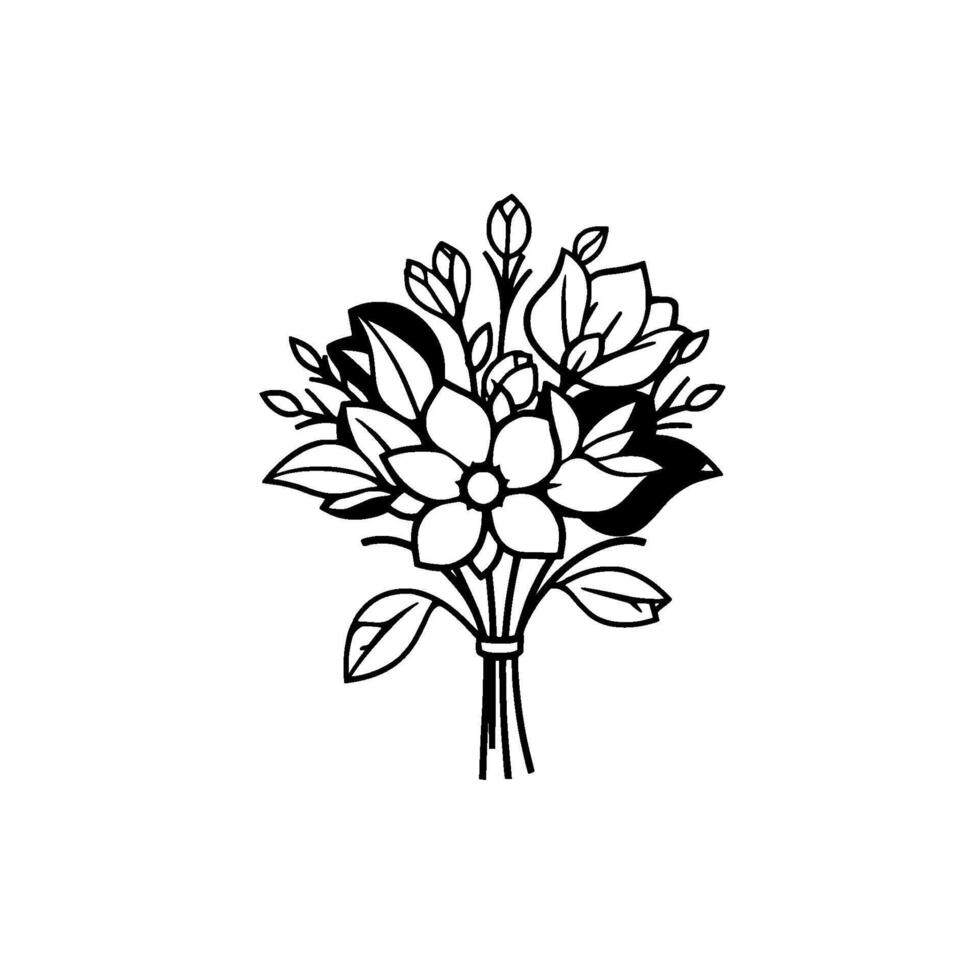 Minimalist Black and White Bouquet Illustration Detailed Line Art Depicting Flowers, Leaves, and Buds, Isolated on White Background. vector