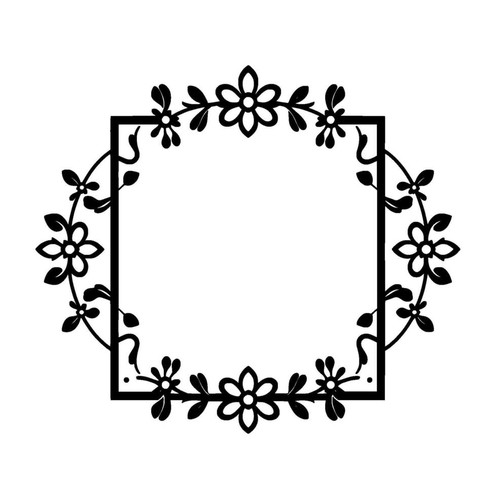 Elegant Black and White Floral Frame with Square Center, Leaf Accents, and Detailed Petal , on White. vector