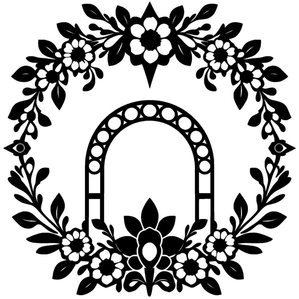 Intricate Black and White Floral Archway with Ornate Botanical Wreath. vector