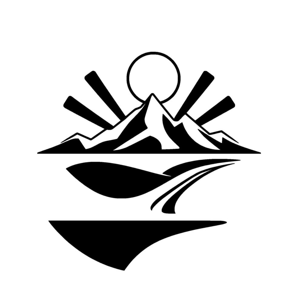 Minimalist Mountain Landscape with Rising Sun, Road, and Water Reflection Adventure, Travel, Journey, Exploration, Discovery, and Outdoors. vector