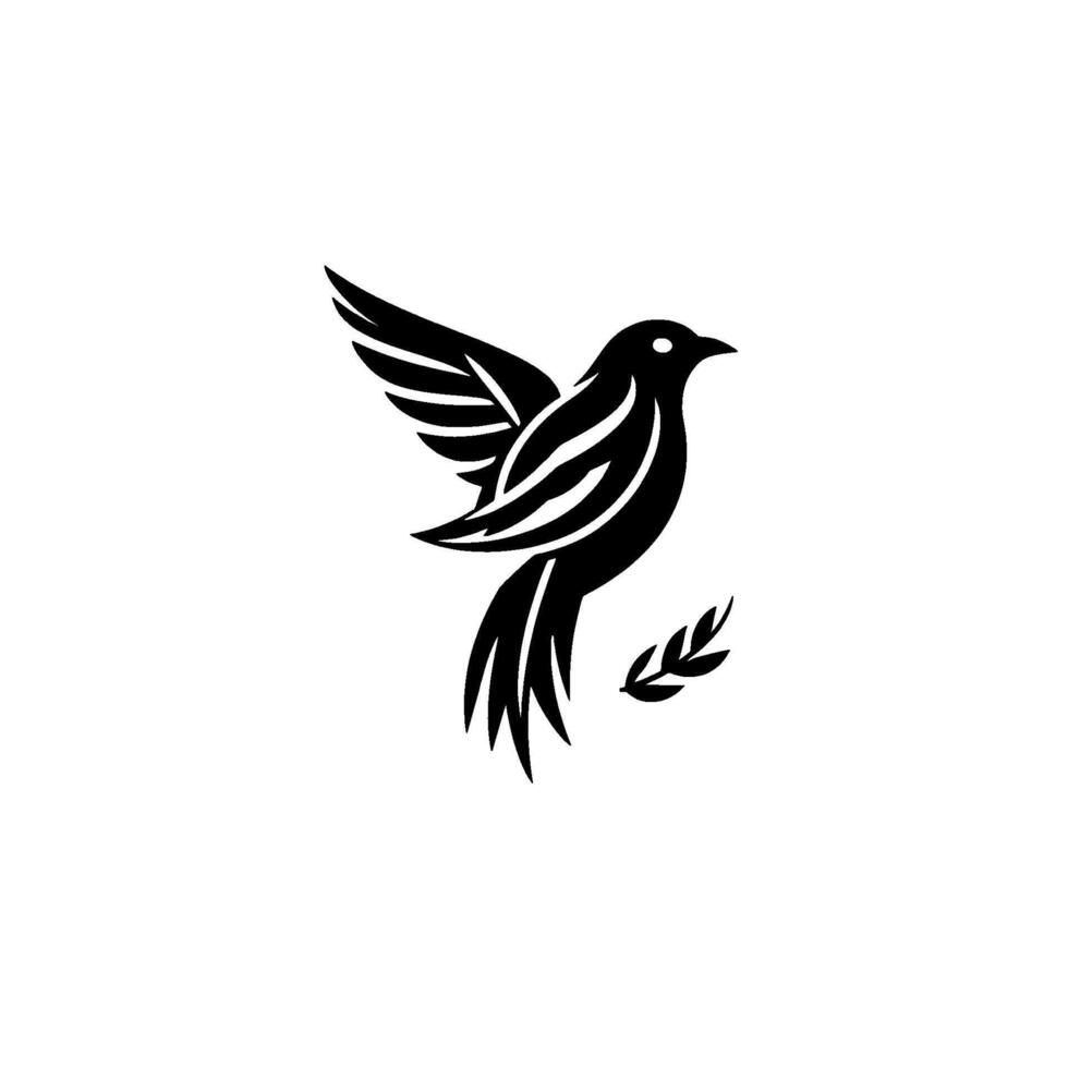 A minimalist black and white dove emblem in flight, holding an olive branch, symbolizing peace, freedom, and harmony against a clean white background. vector