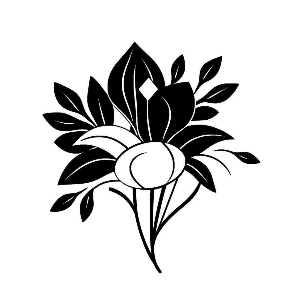 Stylized Floral in Black and White, Featuring a Central Bloom, Leafy Accents, and a Geometric Accent. vector