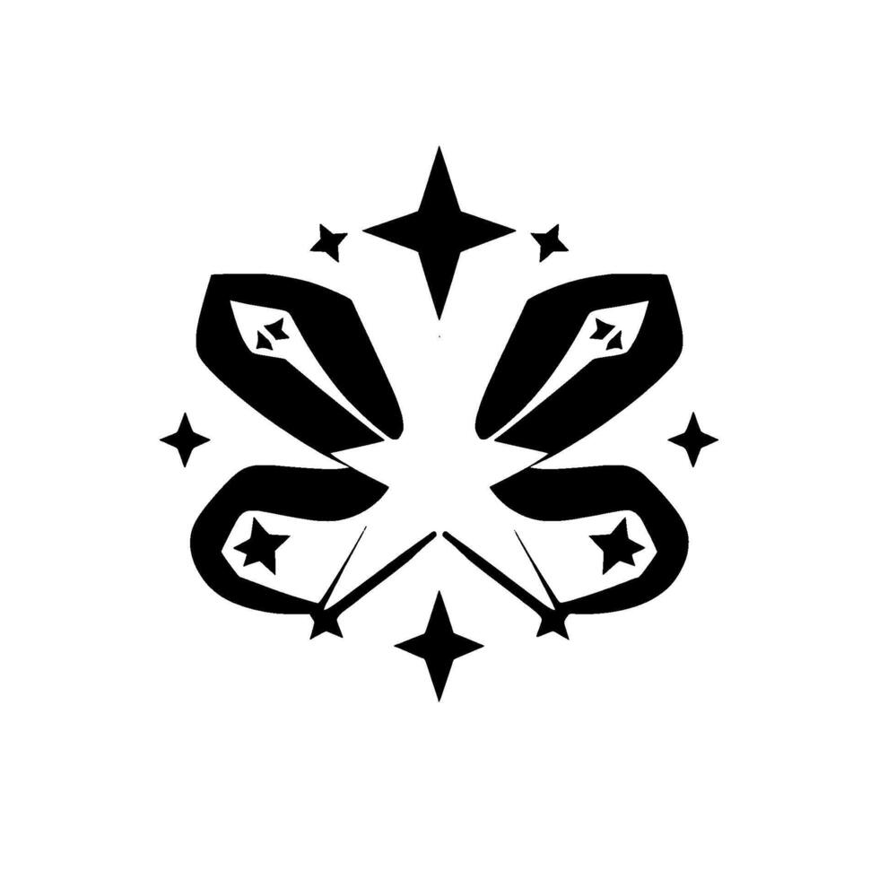 A symmetrical black and white abstract featuring a large central star, enclosed by stylized, curved elements and smaller stars radiating outwards. vector