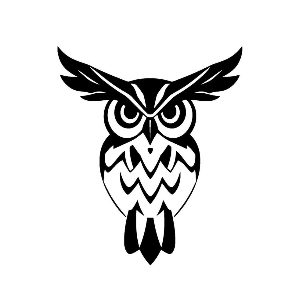 Bold Black and White Illustration of a stylized owl with extended wings and a geometric pattern on the body, isolated on white. vector