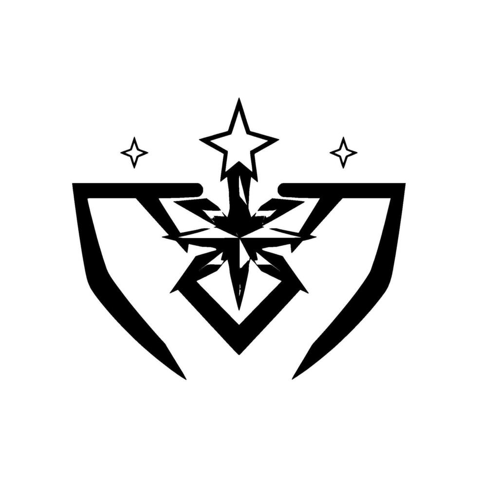 Geometric black starburst emblem with shieldlike elements and smaller stars on a stark white background, creating a modern, sharp . vector