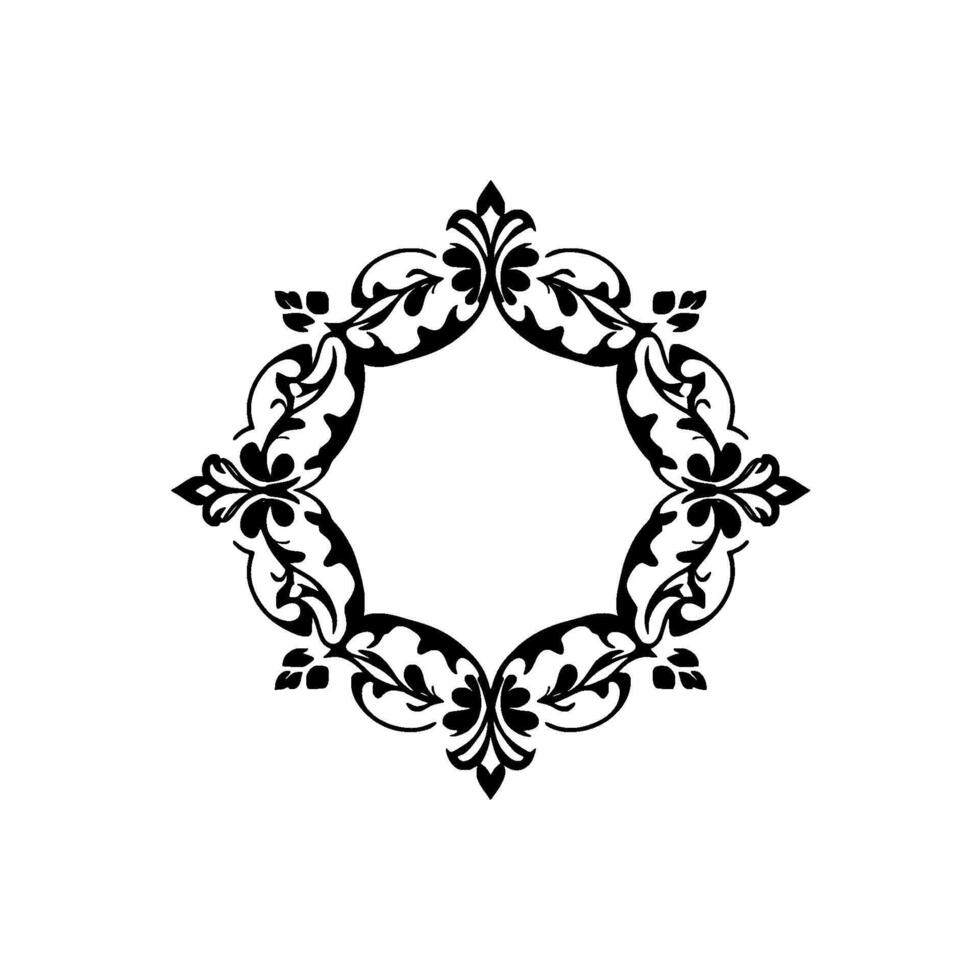 Ornate symmetrical black floral frame, square , artistic silhouette, centered on a white backdrop. vector