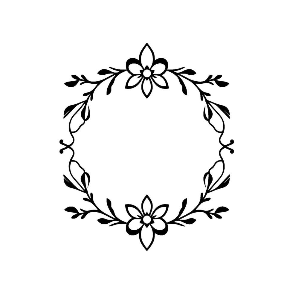 Elegant Floral Frame Black Ink Illustration Featuring Circular Arrangement of Stylized Flowers and Leafy Branches on a White Background. vector