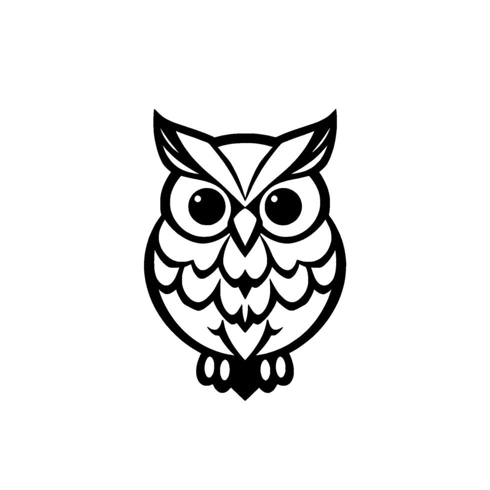 A symmetrical, stylized black and white owl illustration, featuring bold outlines and a minimalistic on a plain white background. vector