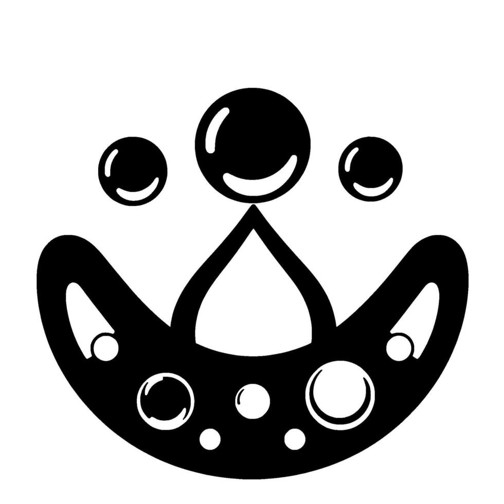 Abstract black and white featuring a crownlike shape with a central droplet, three orblike elements, and several internal circular details on a white background. vector